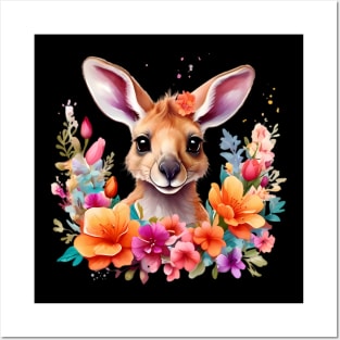 A baby kangaroo decorated with beautiful watercolor flowers. Posters and Art